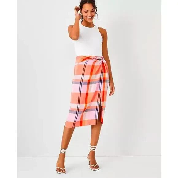 Ann Taylor Dresses & Skirts - Ann Taylor Womens Orange Pink Twisted Plaid Pencil Skirt Size 12P Office Career